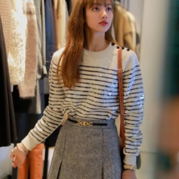 Authentic CELINE Size L Cream Sequined Striped Wool Marin Sweater